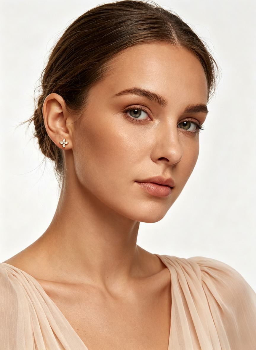 Women Gold Four Leaf CZ Flower Stud Earrings