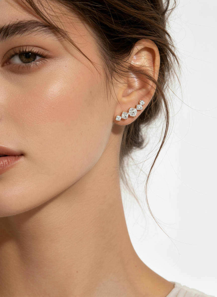 Women Gold Multi Round CZ Micro Pave Curved Linear Bar Stud Earrings