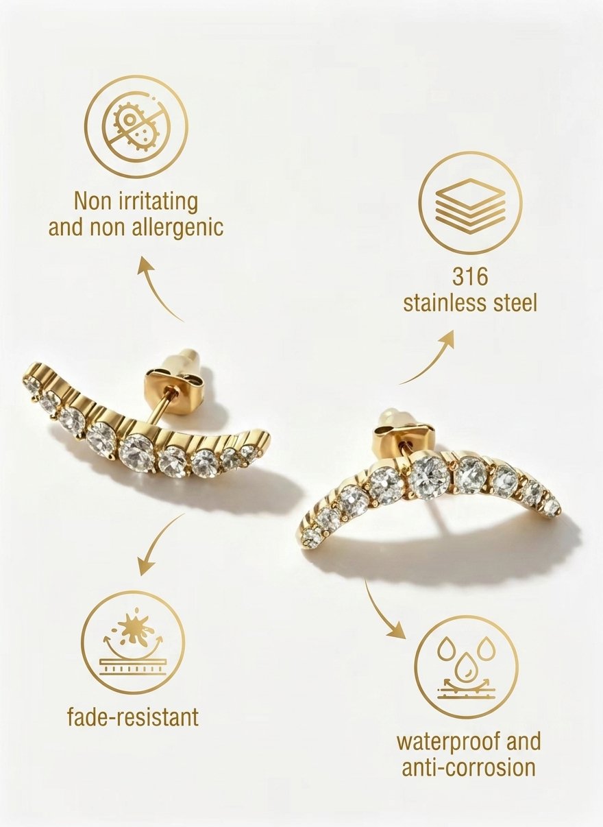 Women Gold Crescent CZ Curved Stud Earrings