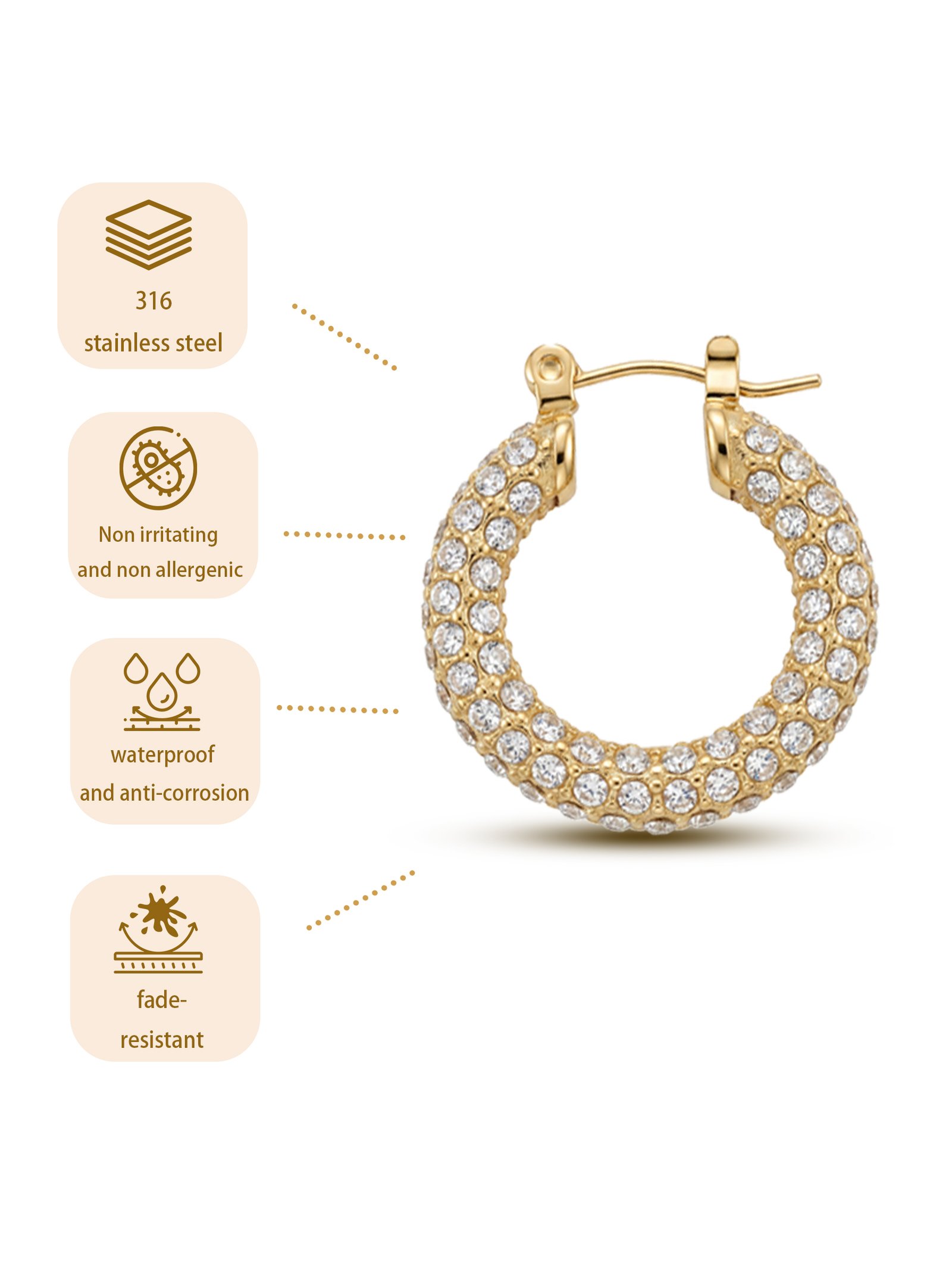 Women Gold All Over Micro Pave CZ Thick Hoop Click Top Earrings