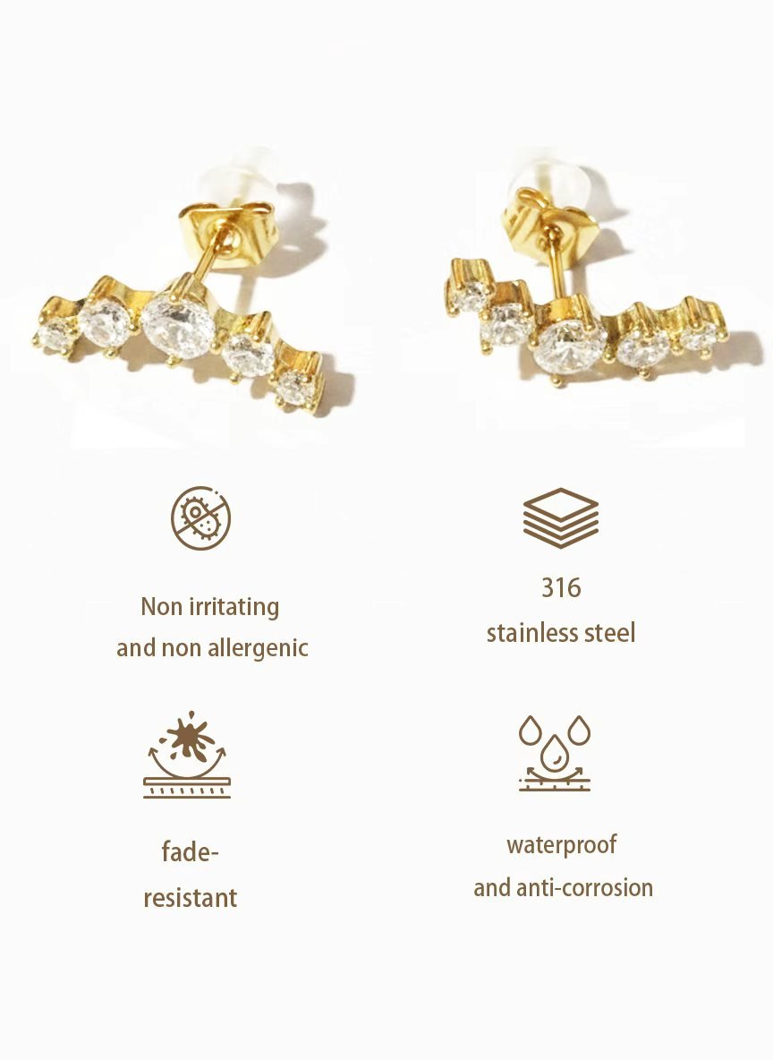 Women Gold Multi Round CZ Micro Pave Curved Linear Bar Stud Earrings