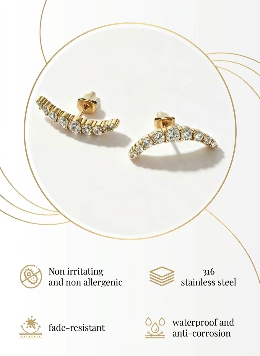 Women Gold Crescent CZ Curved Stud Earrings