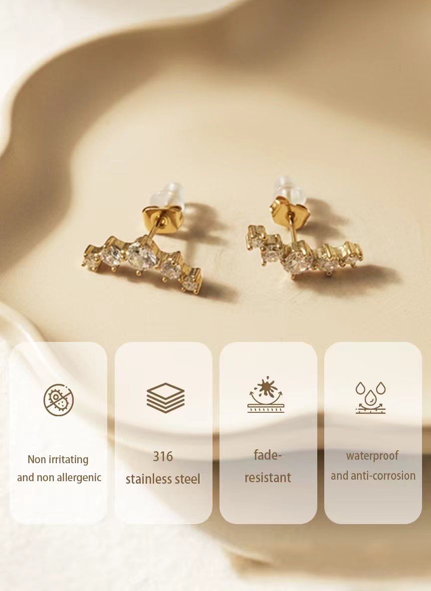 Women Gold Multi Round CZ Micro Pave Curved Linear Bar Stud Earrings