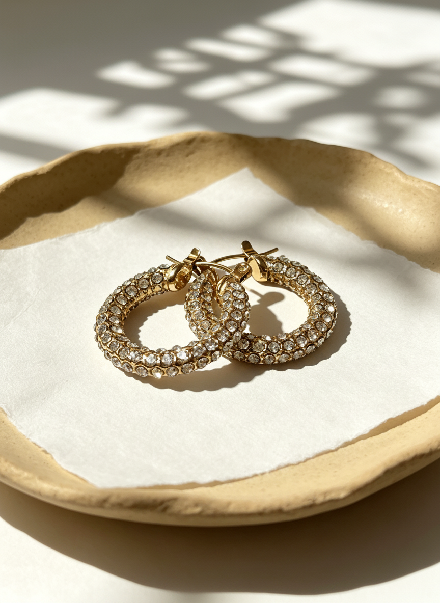 Women Gold All Over Micro Pave CZ Thick Hoop Click Top Earrings