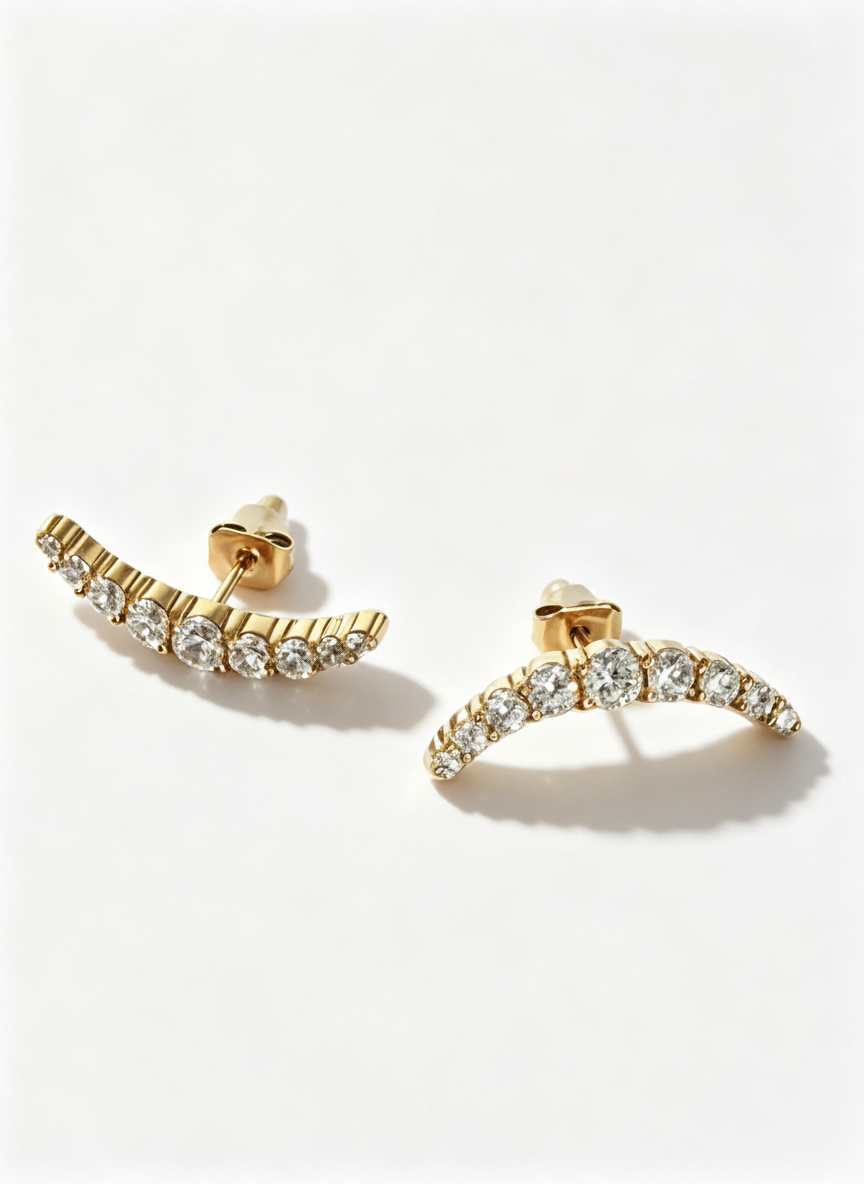 Women Gold Crescent CZ Curved Stud Earrings