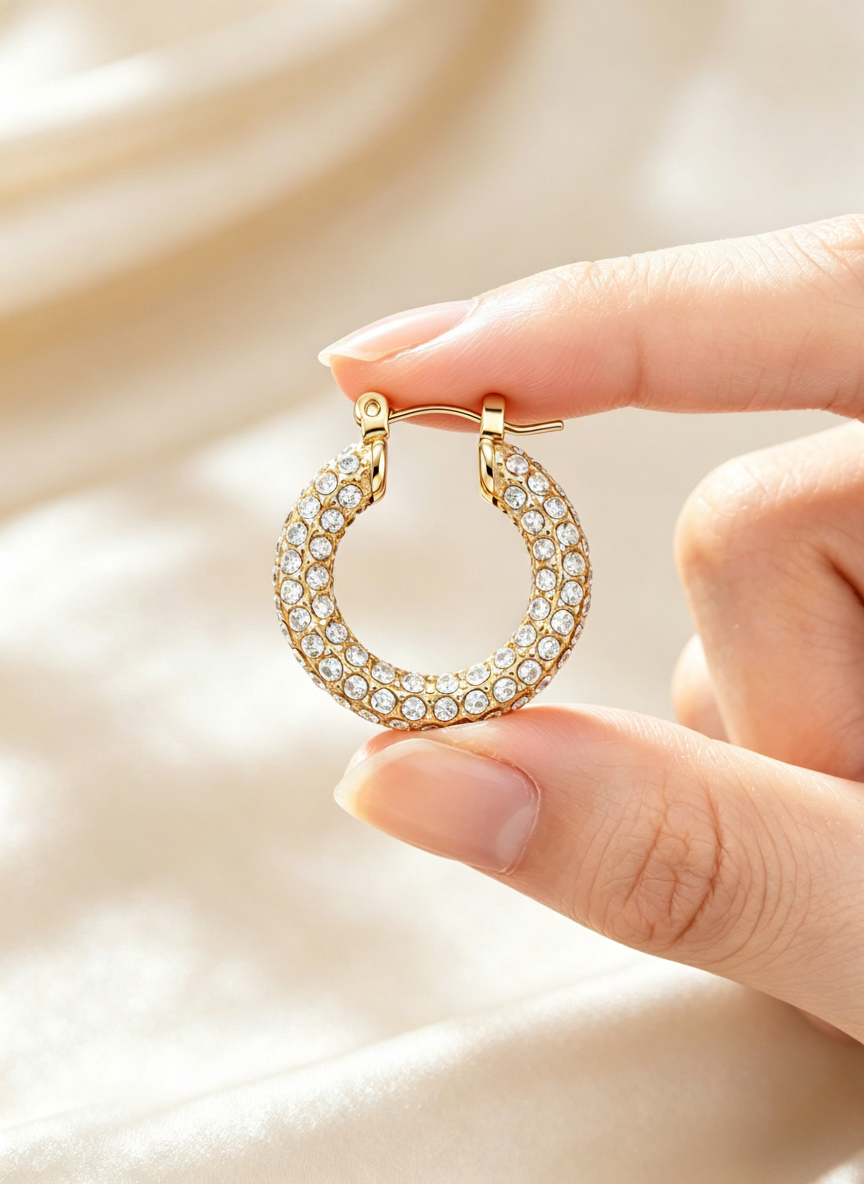 Women Gold All Over Micro Pave CZ Thick Hoop Click Top Earrings