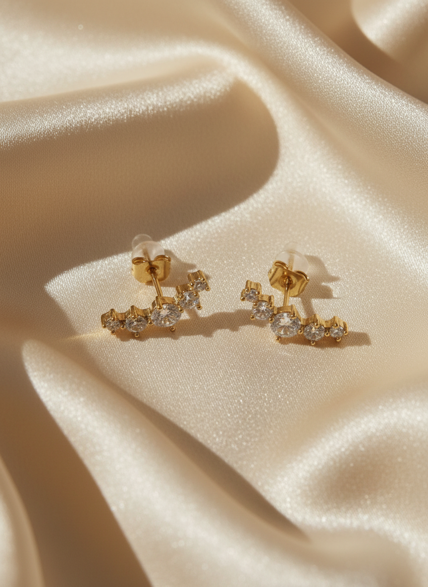 Women Gold Multi Round CZ Micro Pave Curved Linear Bar Stud Earrings