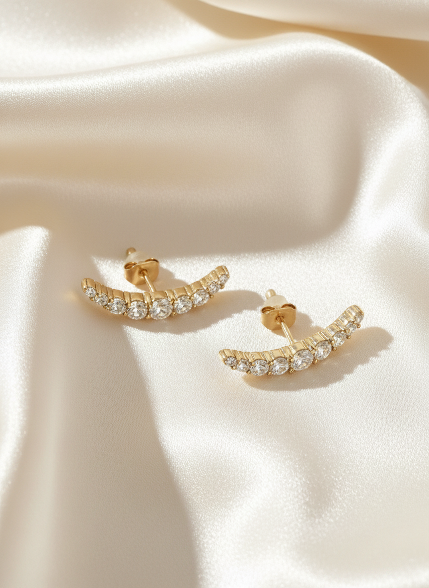 Women Gold Crescent CZ Curved Stud Earrings
