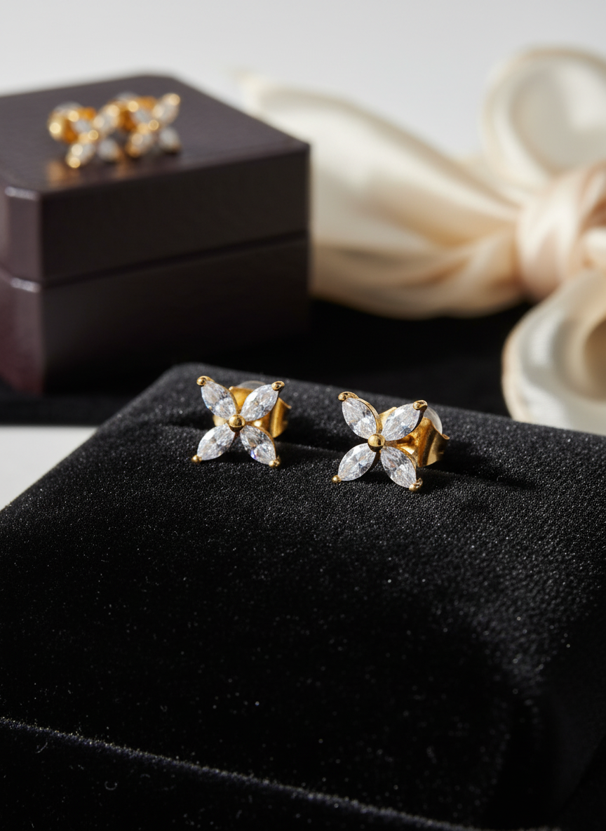 Women Gold Four Leaf CZ Flower Stud Earrings