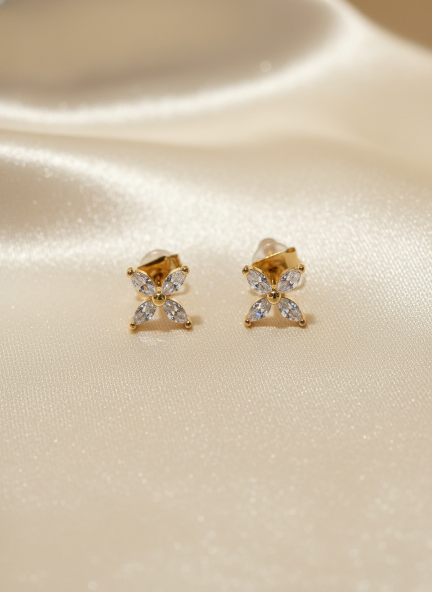 Women Gold Four Leaf CZ Flower Stud Earrings