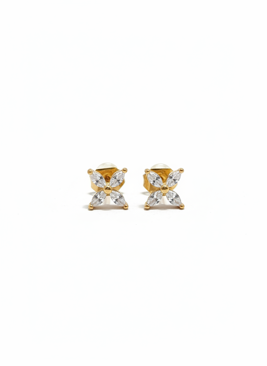 Women Gold Four Leaf CZ Flower Stud Earrings