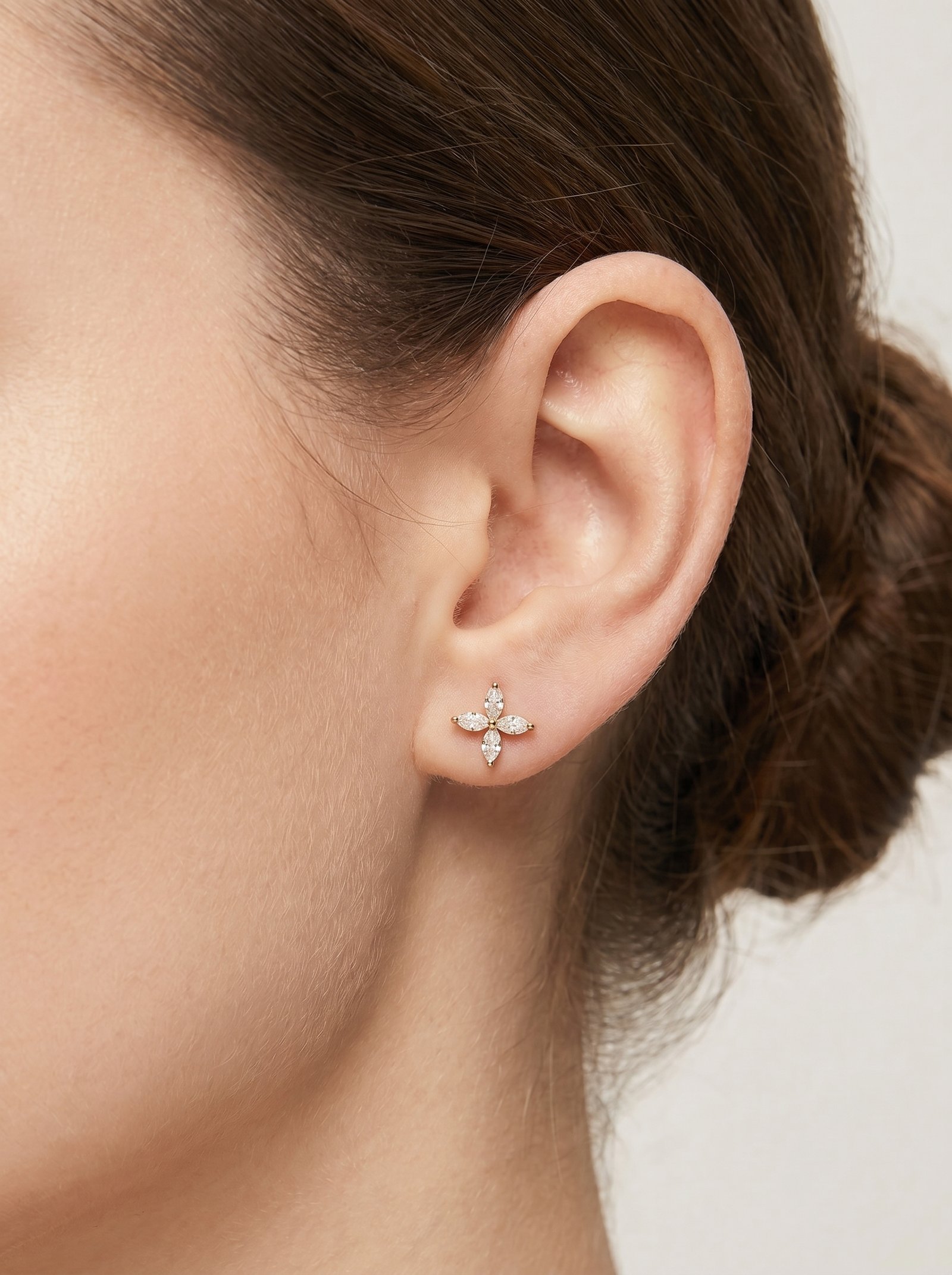 Women Gold Four Leaf CZ Flower Stud Earrings