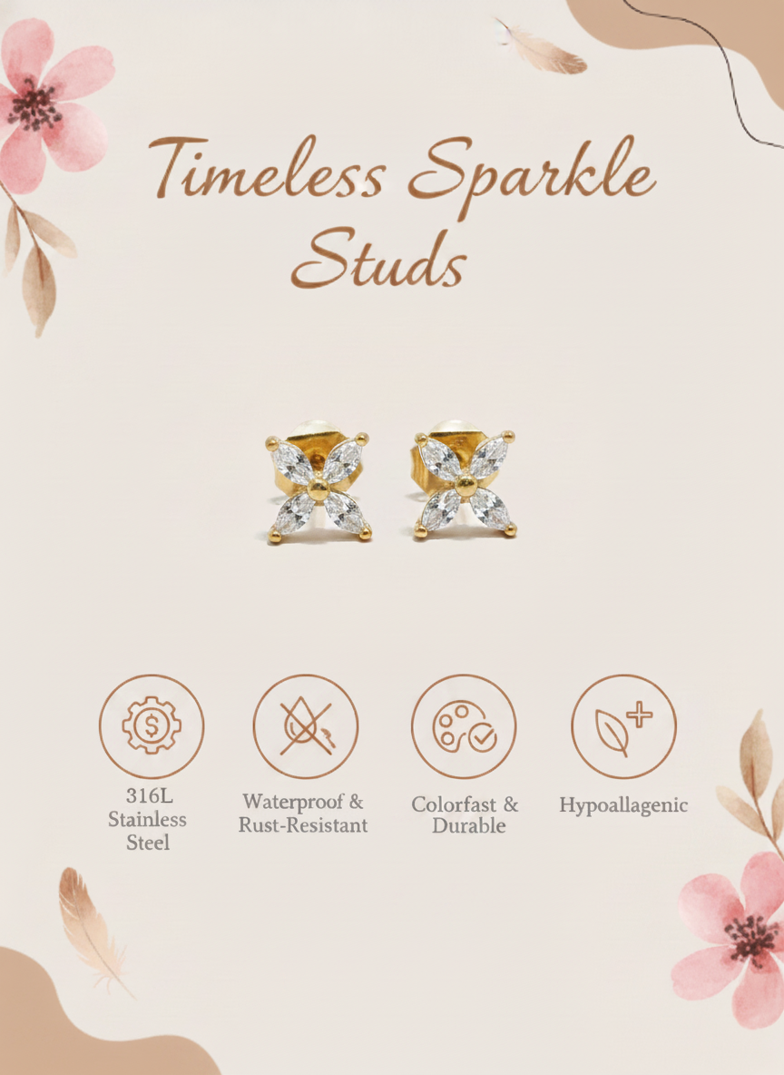 Women Gold Four Leaf CZ Flower Stud Earrings
